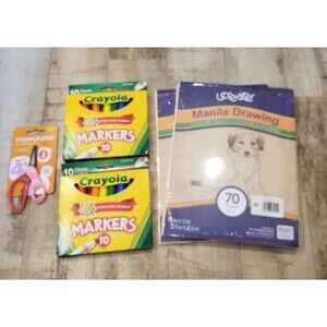 Lot Of 2x Crayola Markers Fiskars Scissors 2x Manilla Paper School Supplies